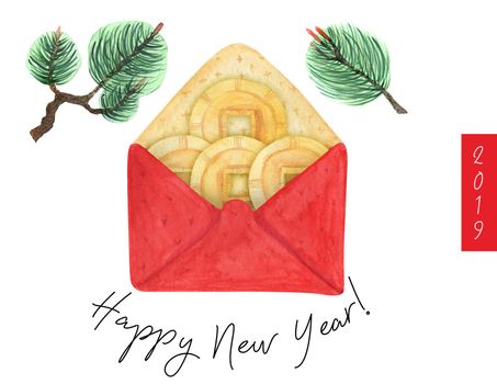 Happy New Year watercolor postcard with lucky money in red envelope and pine branches