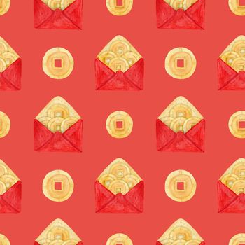 Chinese New Year watercolor seamless pattern. Lucky money in red envelope and one golden coin. Red coral background, clipping path included