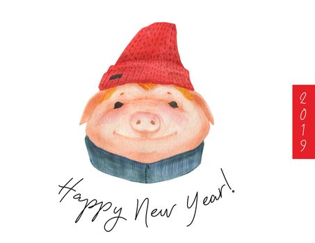 Happy New Year postcard Boy Teen Pig 2019. Watercolor art, clipping path included