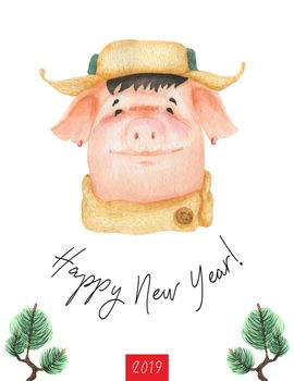Happy New Year postcard 2019. Boy teen pig in ushanka hat . Watercolor art, clipping path included