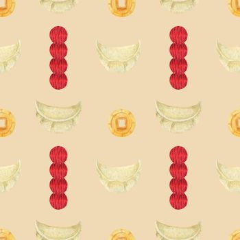 Chinese New Year watercolor seamless pattern. Boiled Dumplings and Lucky Coins. Beige background, clipping path included