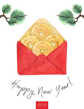 Happy New Year watercolor postcard with lucky money in red envelope and pine branches