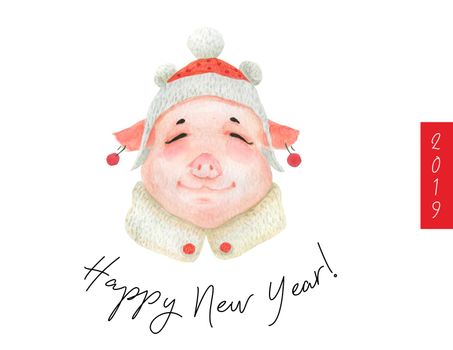Happy New Year postcard Girl Teen Piggy 2019. Watercolor art, clipping path included