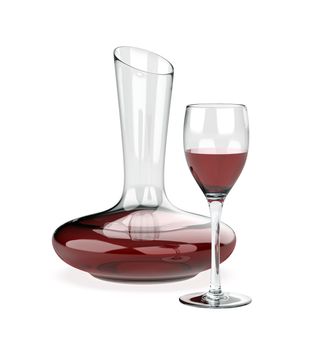 Decanter and glass with red wine on white background