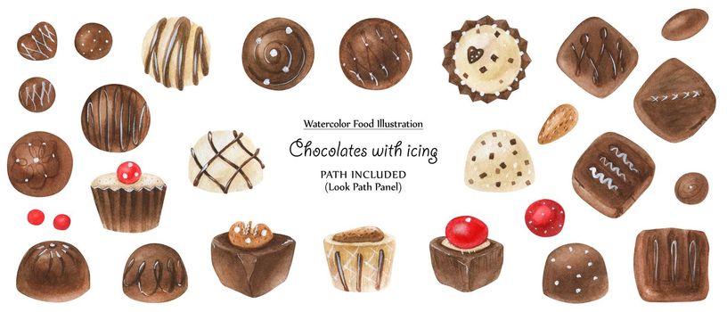 Watercolor food illustration. Chocolate candies decorated white icing. Isolated, clipping path included