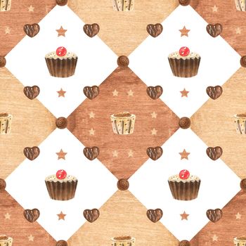 Sweet seamless pattern with candies and gold diamond. Watercolor illustration for any event decoration, white and gold background, path included