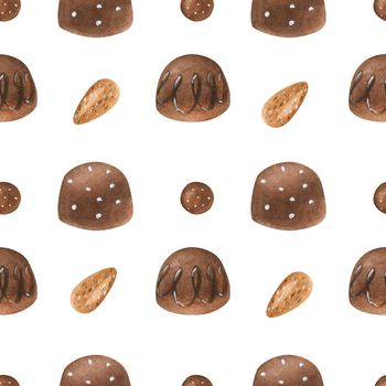 Sweet seamless pattern with chocolate candies. Watercolor illustration for any event decoration, white background, path included