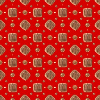 Sweet seamless pattern with chocolate candies. Watercolor illustration for any event decoration, red background, path included