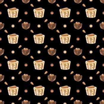Sweet seamless pattern with chocolate candies. Watercolor illustration for any event decoration, black background, path included