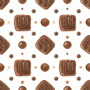 Sweet seamless pattern with chocolate candies. Watercolor illustration for any event decoration, white background, path included