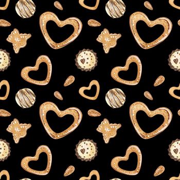 Sweet winter seamless pattern with chocolate candies and cookies. Watercolor illustration for any event decoration, black background, path included