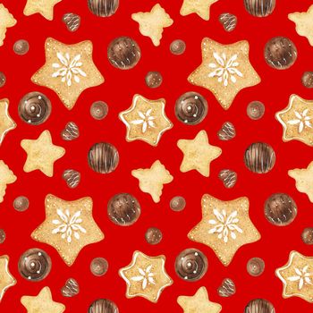 Sweet winter seamless pattern with chocolate candies and cookies. Watercolor illustration for any event decoration, red background, path included