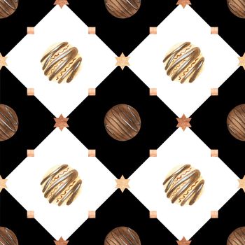 Sweet romantic seamless pattern with chocolates and diamond. Watercolor illustration for any event decoration, white and black background, path included