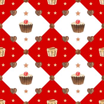 Sweet romantic seamless pattern with chocolates and diamond. Watercolor illustration for any event decoration, red and white path included