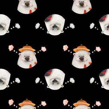 Polar bear healthy lifestyle. Bears in sauna. Watercolor seamless patterns for textile, wrapping paper and any tiled design. Black background, clipping path uncluded
