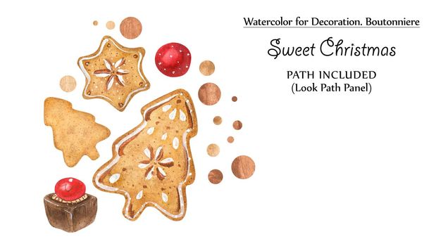Sweet vignettes with gingerbreads and chocolates. Watercolor illustration, path included