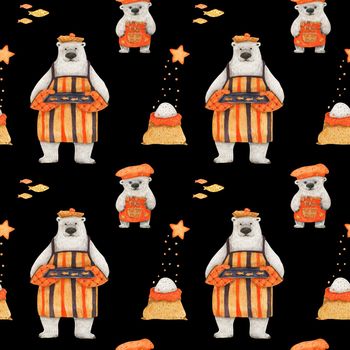 Polar bears baking homemede sugar cookies. Watercolor seamless patterns for textile, wrapping paper and any tiled design. Black background, clipping path uncluded
