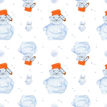 Polar bear snowman. Watercolor seamless patterns for textile, wrapping paper and any tiled design. White background, clipping path uncluded