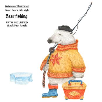 Cute watercolor illustration Polar bear in winter fishing. Isolated clipping path included