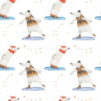 Polar bears skating. Watercolor seamless patterns for textile, wrapping paper and any tiled design. White background, clipping path uncluded