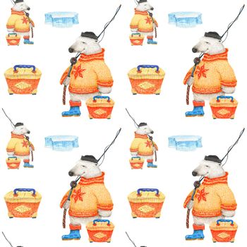 Polar bear goes fishing. Watercolor seamless patterns for textile, wrapping paper and any tiled design. White background, clipping path uncluded