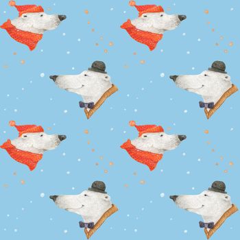 Polar bear winter fun. Arctic bear portrets. Watercolor seamless patterns for textile, wrapping paper and any tiled design. Blue background, clipping path uncluded