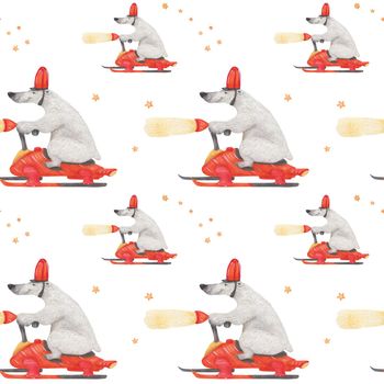 Polar bear rushing snowmobile. Watercolor seamless patterns for textile, wrapping paper and any tiled design. White background, clipping path uncluded