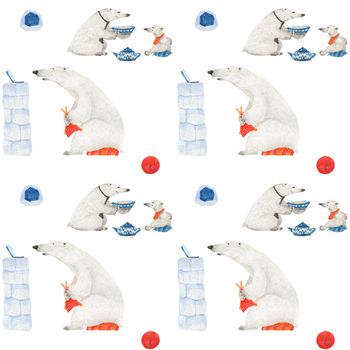 Polar bears drink tea and knitting. Watercolor seamless patterns for textile, wrapping paper and any tiled design. White background, clipping path uncluded