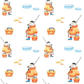 Fisher Polar bear. Watercolor seamless patterns for textile, wrapping paper and any tiled design. White background, clipping path uncluded
