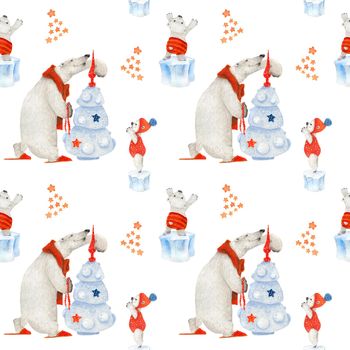 Polar bears decorating new year tree. Watercolor seamless patterns for textile, wrapping paper and any tiled design. White background, clipping path uncluded