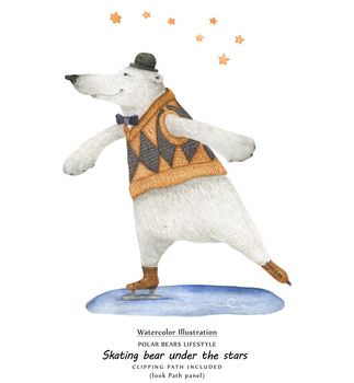 Cute watercolor illustration Bear skate under the Ursa Minor stars. Isolated clipping path included