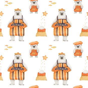 Polar bears baking homemede sugar cookies. Watercolor seamless patterns for textile, wrapping paper and any tiled design. White background, clipping path uncluded