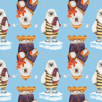 Polar bear healthy lifestyle. Bears in sauna. Watercolor seamless patterns for textile, wrapping paper and any tiled design. Bluebackground, clipping path uncluded