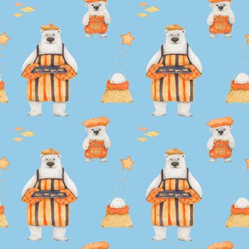 Polar bears baking homemede sugar cookies. Watercolor seamless patterns for textile, wrapping paper and any tiled design. Blue background, clipping path uncluded