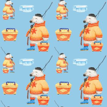 Polar bear goes fishing. Watercolor seamless patterns for textile, wrapping paper and any tiled design. Blue background, clipping path uncluded