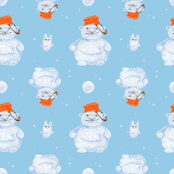 Polar bear snowman. Watercolor seamless patterns for textile, wrapping paper and any tiled design. Blue background, clipping path uncluded