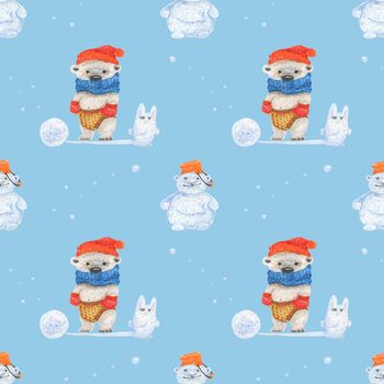 Little polar bear sculpt snowman. Watercolor seamless patterns for textile, wrapping paper and any tiled design. Blue background, clipping path uncluded