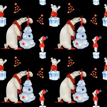 Polar bears decorating new year tree. Watercolor seamless patterns for textile, wrapping paper and any tiled design. Black background, clipping path uncluded