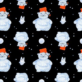Polar bear snowman. Watercolor seamless patterns for textile, wrapping paper and any tiled design. Black background, clipping path uncluded
