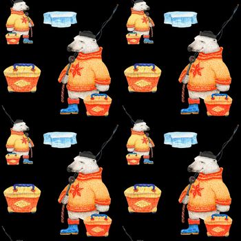Polar bear goes fishing. Watercolor seamless patterns for textile, wrapping paper and any tiled design. Black background, clipping path uncluded