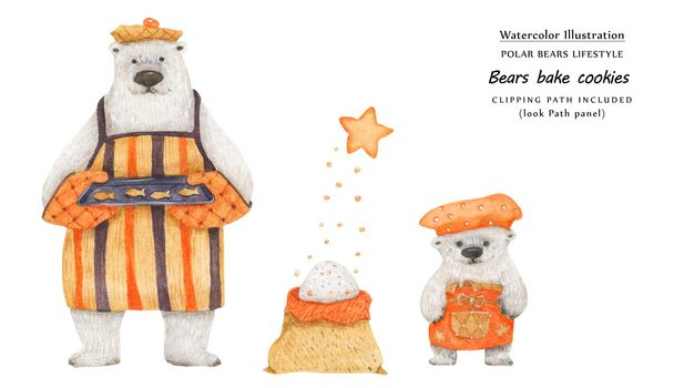 Cute watercolor illustration Father ans son bears bake sugar cookies. Isolated clipping path included