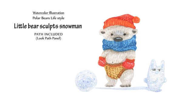 Cute watercolor illustrationLittle bear sculpts snowman. Isolated clipping path included