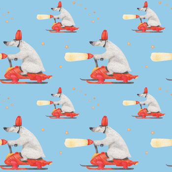 Polar bear rushing snowmobile. Watercolor seamless patterns for textile, wrapping paper and any tiled design. Blue background, clipping path uncluded