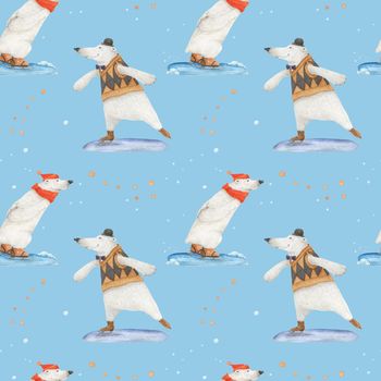 Polar bears skating. Watercolor seamless patterns for textile, wrapping paper and any tiled design. Blue background, clipping path uncluded