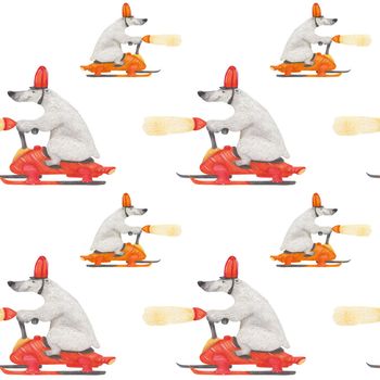 Polar bear speedway traffic. Watercolor seamless patterns for textile, wrapping paper and any tiled design. White background, clipping path uncluded