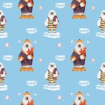 Polar bear healthy lifestyle. Bears in sauna. Watercolor seamless patterns for textile, wrapping paper and any tiled design. Blue background, clipping path uncluded