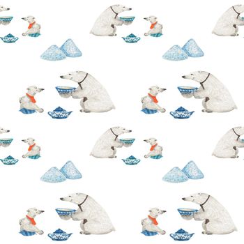 Polar bears father and son drink tea. Watercolor seamless patterns for textile, wrapping paper and any tiled design. White background, clipping path uncluded