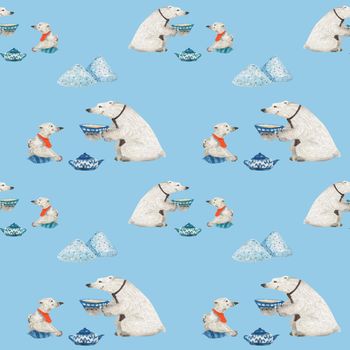 Polar bears father and son drink tea. Watercolor seamless patterns for textile, wrapping paper and any tiled design. Blue background, clipping path uncluded