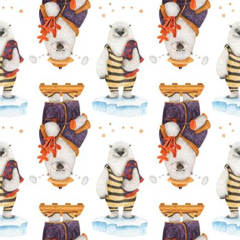 Polar bear healthy lifestyle. Bears in sauna. Watercolor seamless patterns for textile, wrapping paper and any tiled design. White background, clipping path uncluded