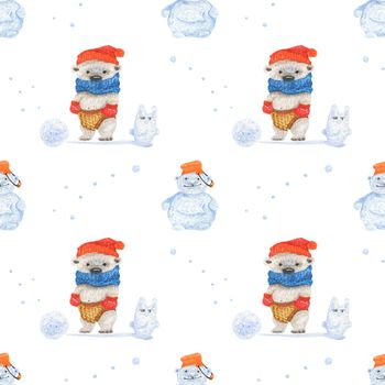 Little polar bear sculpt snowman. Watercolor seamless patterns for textile, wrapping paper and any tiled design. White background, clipping path uncluded